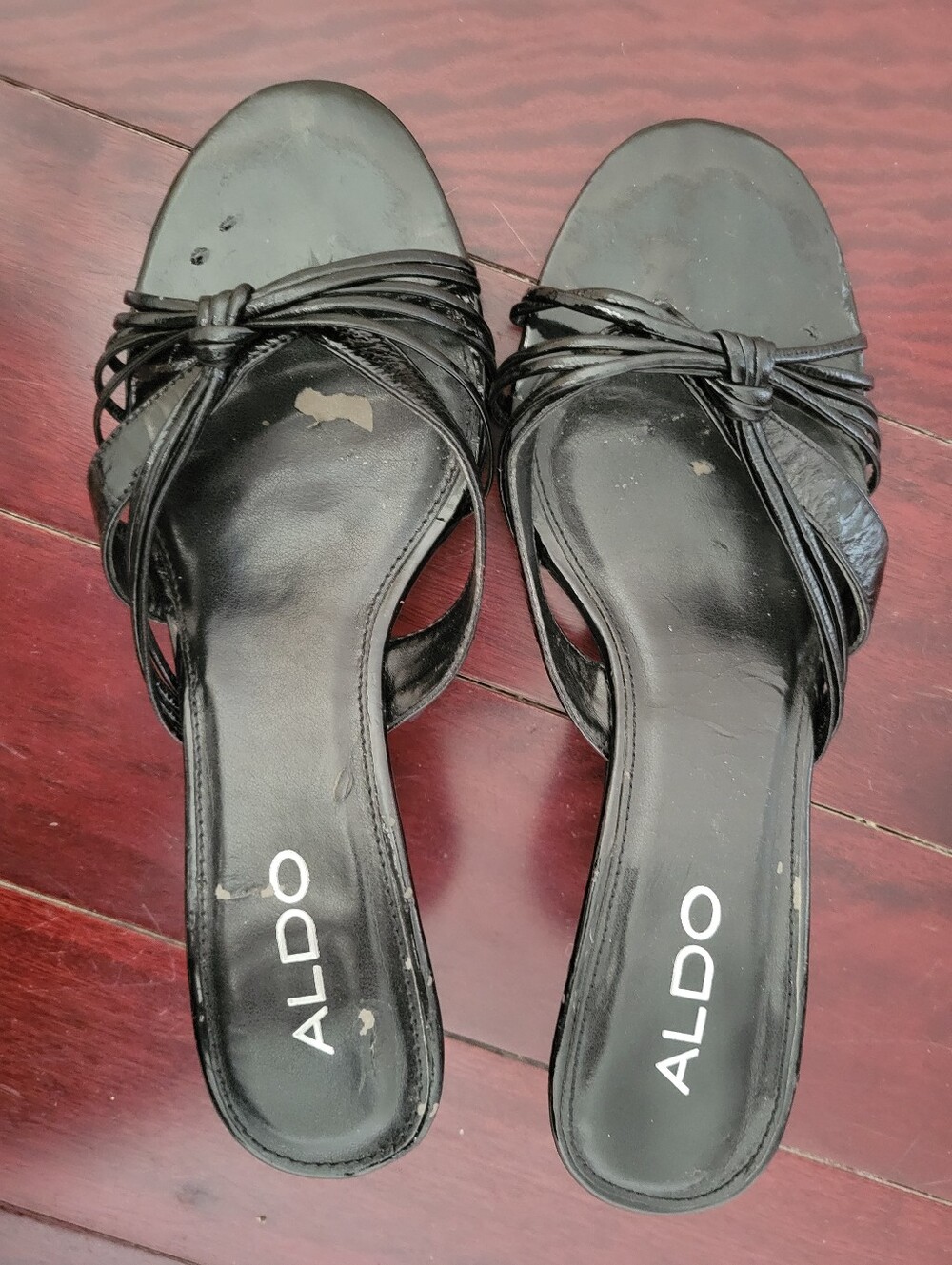 Aldo Black Patent Knot-Detail Slip-On Heeled Mules